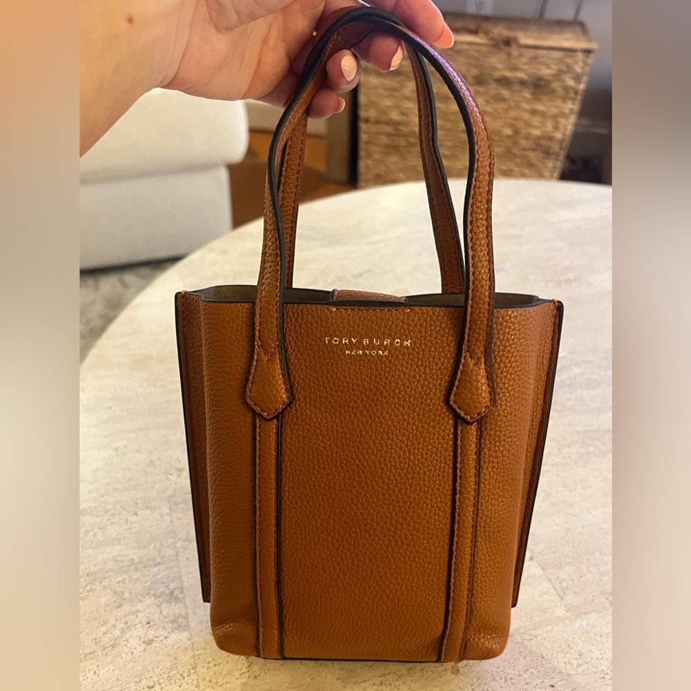 Tory Burch Perry Mini Tote Bag Pebbled Italian Leather Gold Embossed